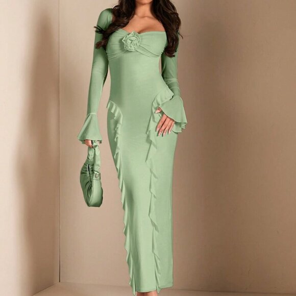 Green Elegant Women's Long Sleeve Floral 3d Decorative Ruffled Dress - Picture 3 of 8